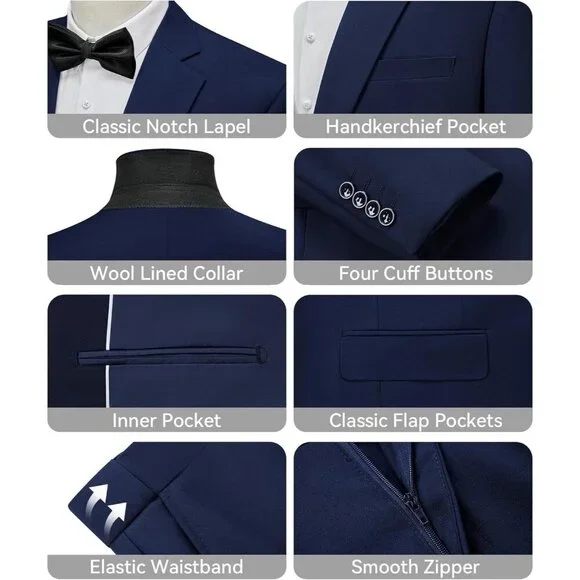 Men's Navy Single Breasted Peak Lapel 2 Piece Two Button Blazer Wedding - Picture 3 of 7